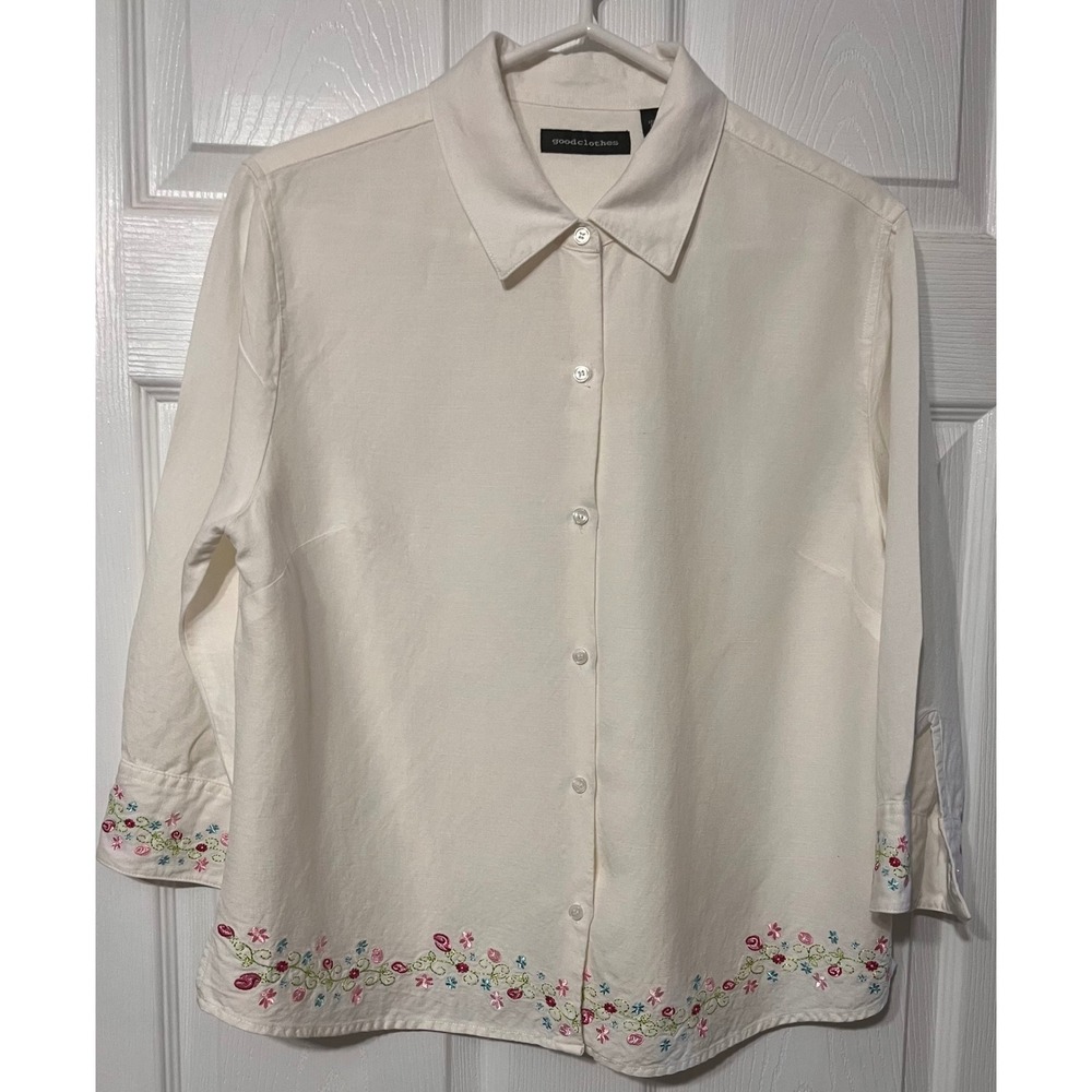 Goodclothes White Linen Blend Floral Embroidered Button Down Shirt Size L